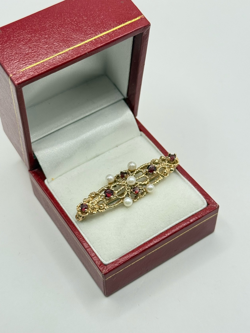 14k Gold Pearl and Red  Garnet stone Bar Brooch - Women Jewelry